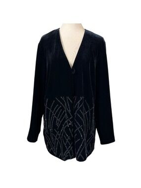 Ronni Nicole Black Holiday Velour Silver Sparkle Sequin Jacket Size 1X